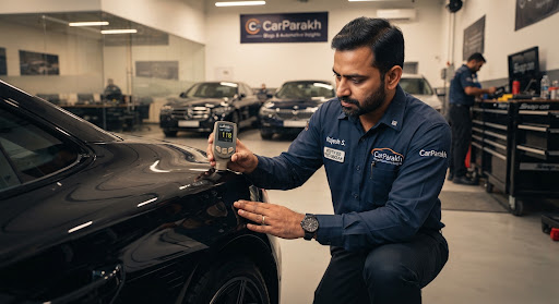 A certified Indian automotive technician in crisp uniform inspecting a high-end luxury vehicle in a dealership yard using a digital paint depth gauge, ambient warm cinematic lighting with luxury gold highlights, ultra-sharp detail, technical precision atmosphere