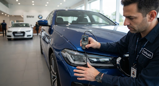 Ultrasonic paint gauge test on brand new car